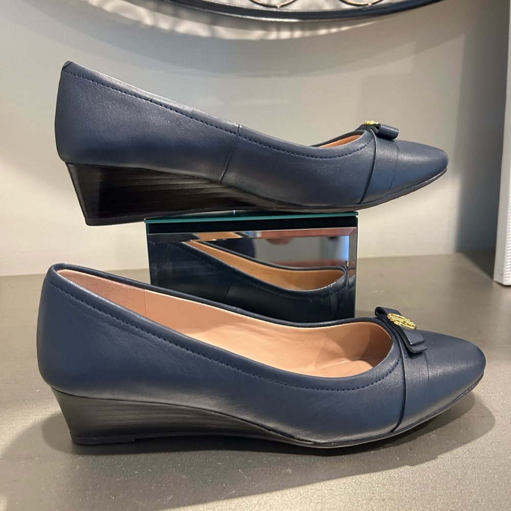 Cole Haan Navy Leather Wedge Loafers with Bow and Gold Emblem